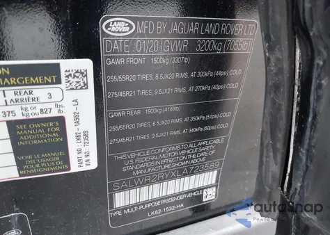 2020 Land Rover Range Rover Sport Hse из США, поврежденный, VIN SALWR2RYXLA723589